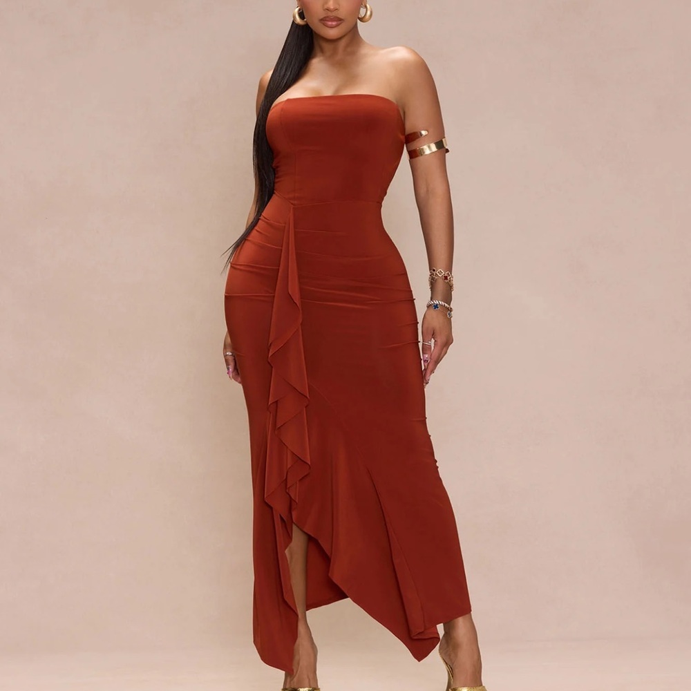 Fashion Nova Deep Rust Bodycon Dress with Asymmetrical Hem and Sleeveless Design